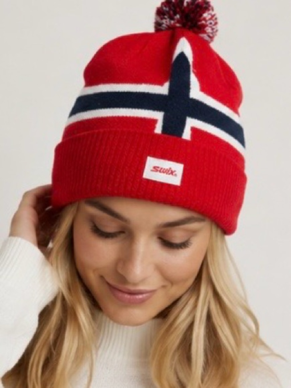 Swix Red Pom Beanie with Navy & White Flag Detail
